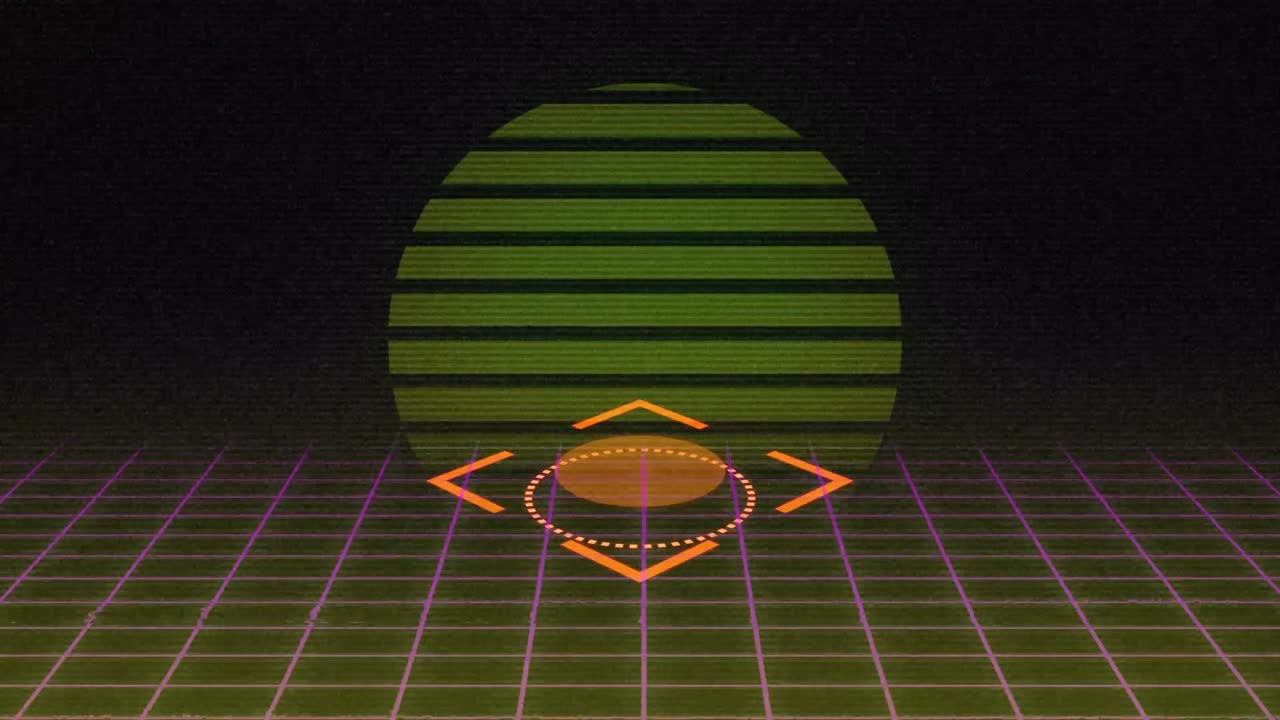 움직이는 분홍색 그리드와 검은색 배경에 떠오르는 태양 위에 회전하는 사각형 범위의 애니메이션