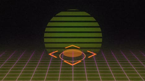 Animation-Eines-Rotierenden-Quadratischen-Bereichs-über-Einem-Sich-Bewegenden-Rosa-Gitter-Und-Einer-Aufgehenden-Sonne-Auf-Schwarzem-Hintergrund