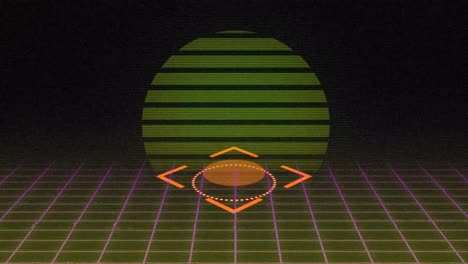 animation of rotating square scope over moving pink grid and rising sun on black background