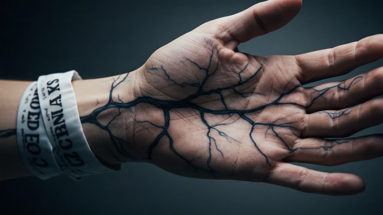A Striking Close-Up of a Highly Detailed Hand Tattoo Showcasing Intricate Designs Resembling Veins, Set Against a Dramatic Dark Background