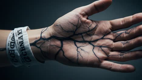 a striking close-up of a highly detailed hand tattoo showcasing intricate designs resembling veins, set against a dramatic dark background