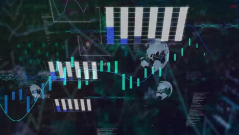 Animation-Von-Graphen,-Globen-Und-Computersprache-Vor-Abstraktem-Hintergrund