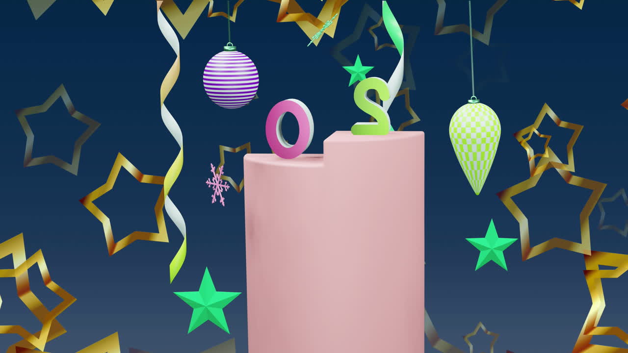 animación de texto de 2025 y decoraciones navideñas en el fondo