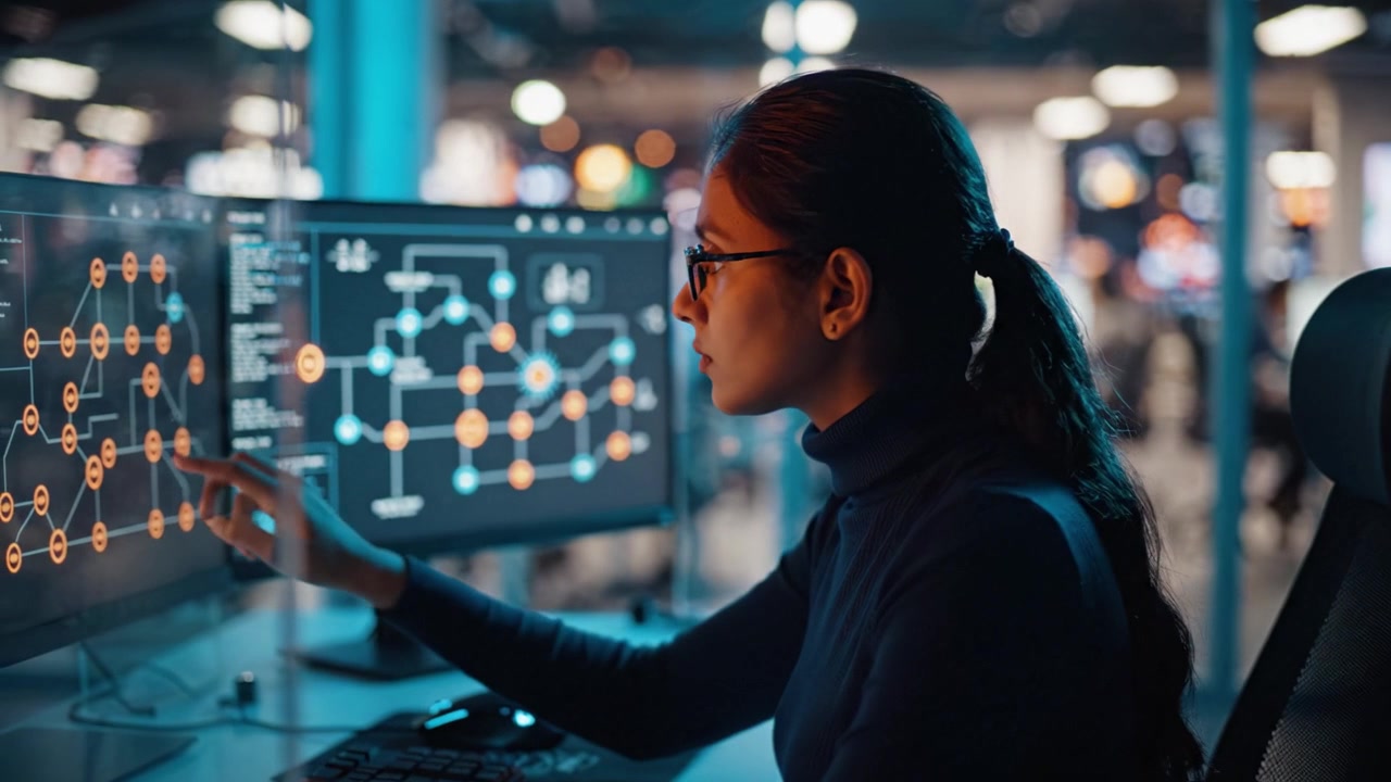 Focused Programmer Analyzing Complex Data Visualizations on Multiple Screens in a Modern Tech Environment, Ensuring Precision and Efficiency in Coding and Development.