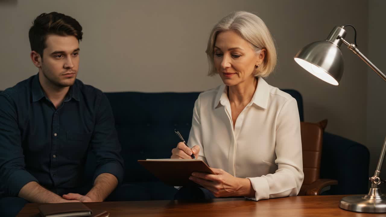 A Thoughtful Conversation: A Professional Woman Engages with a Young Man in a Meeting, Demonstrating Active Listening and Compassion in a Calm Environment