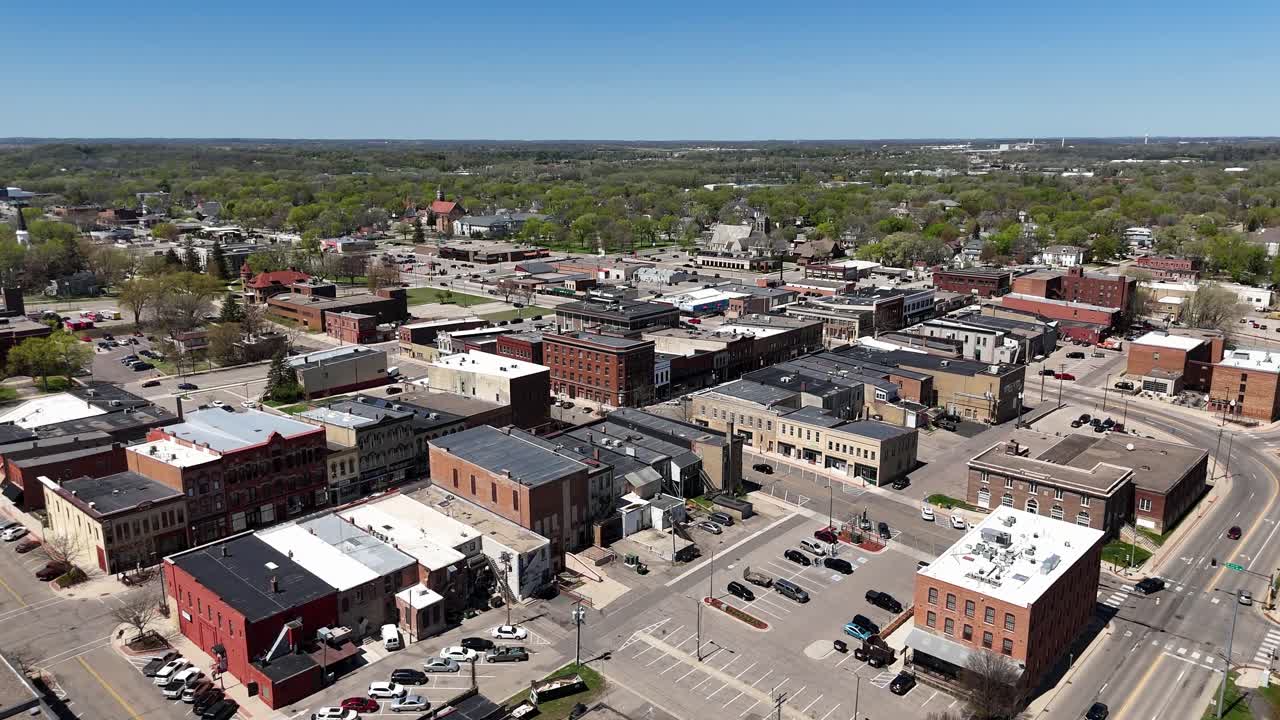Flying over Historical downtown in the Midwest, Faribault, Minnesota