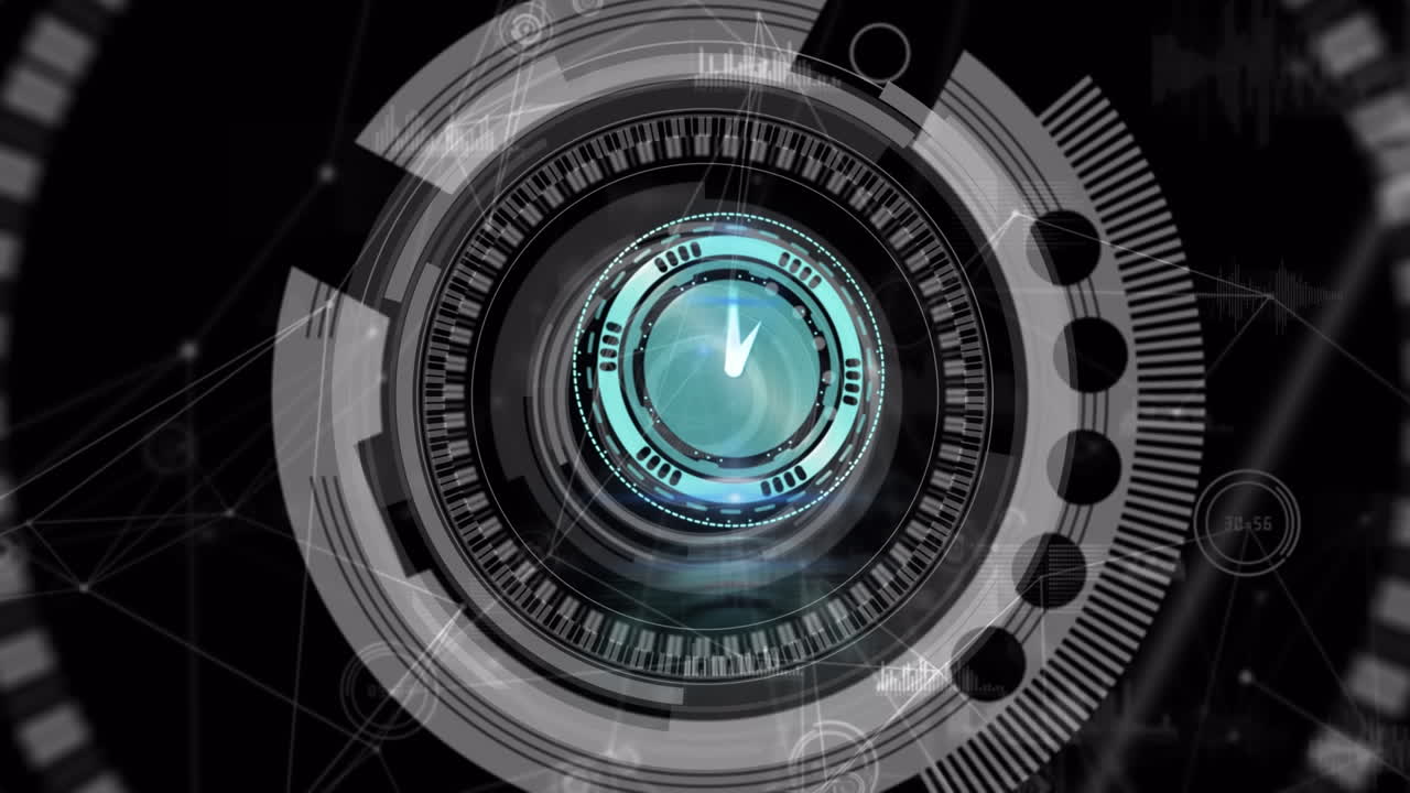 어두운 배경 위에서 시계와 데이터 처리의 애니메이션