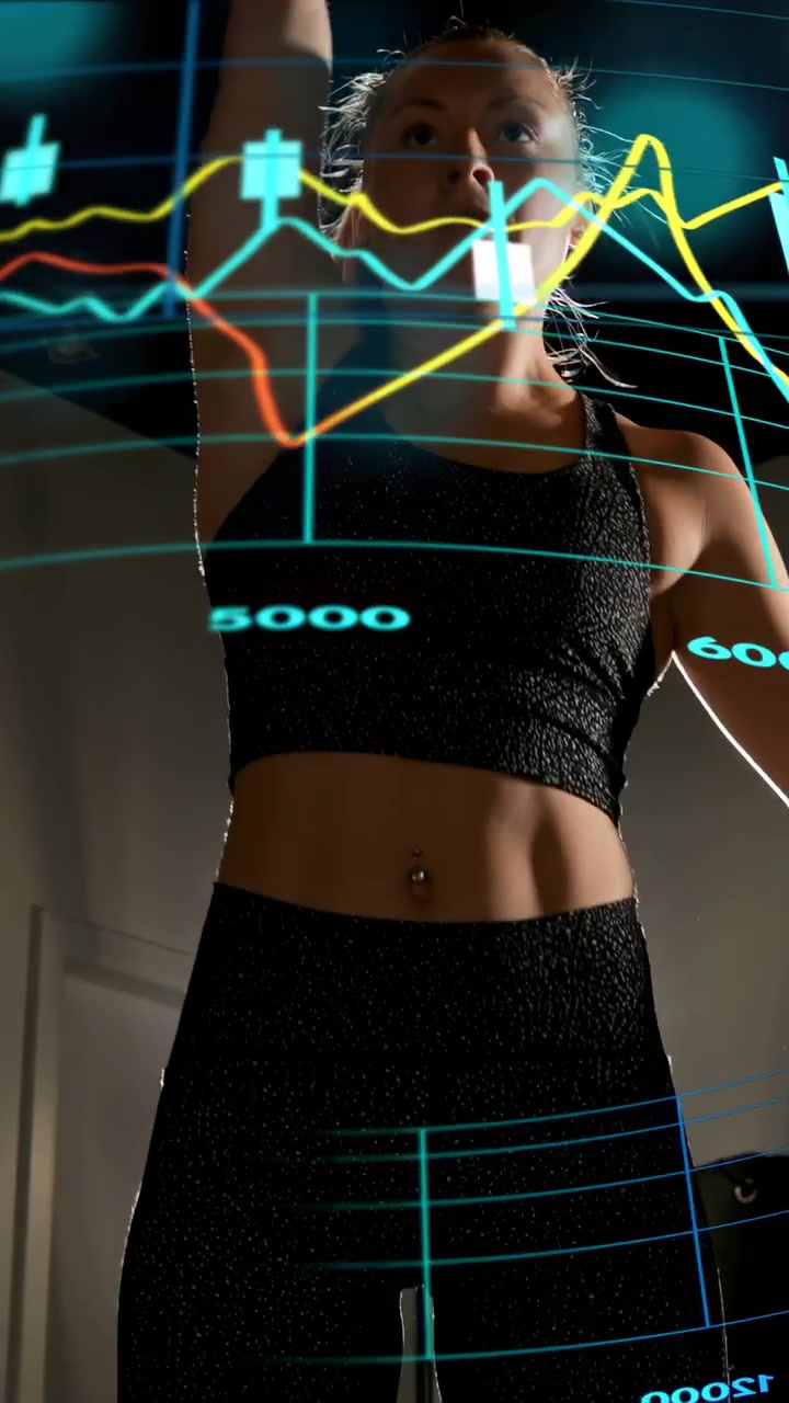 Video verticale: Donna che afferra un kettlebell, sollevandolo sopra la testa per il fitness, con un grafico animato in sovrimpressione.