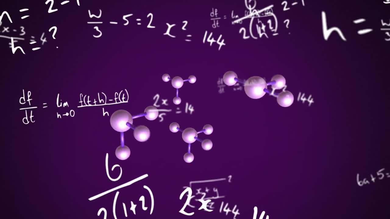 animación de macro de moléculas y procesamiento de datos matemáticos en fondo púrpura