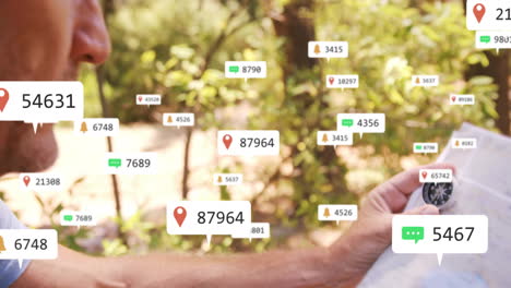 sosteniendo un teléfono inteligente, persona con iconos de ubicación y notificación animación sobre el fondo de la naturaleza