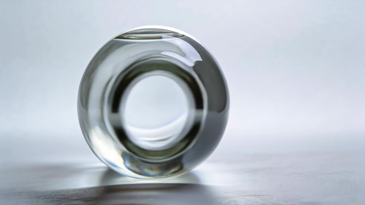 Rolling clear glass bottle across studio table after slight push, showing shifting liquid meniscus