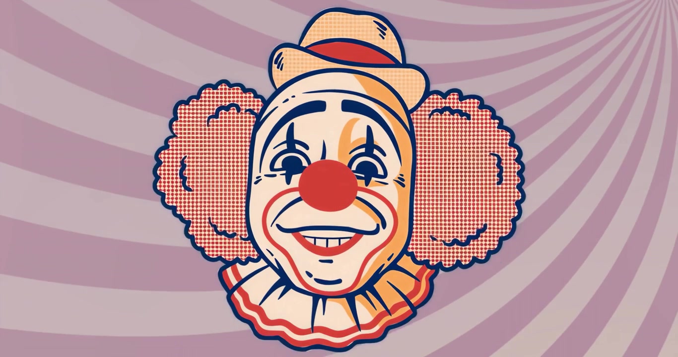 Animation starting clown head opening and closing mouth in grin loop on spiraling pastel stripes