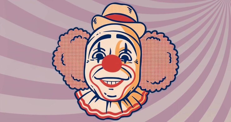 Animazione che inizia con una testa di clown che apre e chiude la bocca in un ciclo di sorriso su strisce pastello a spirale.