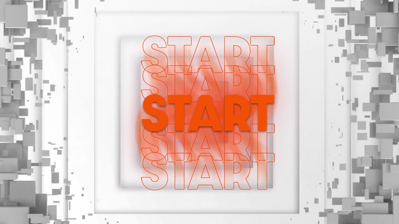 animación del texto de inicio sobre cuadrados móviles blancos