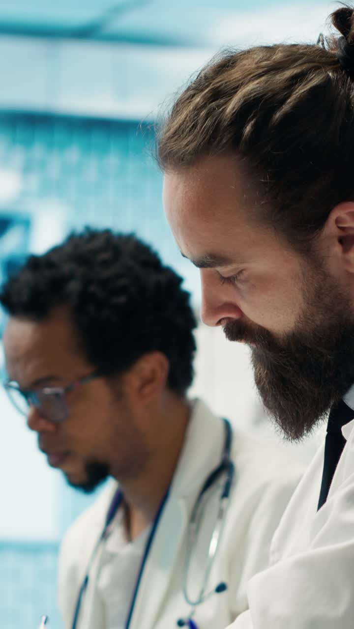 Vertical Video Physician writing a prescription for treatment plan at his cabinet desk