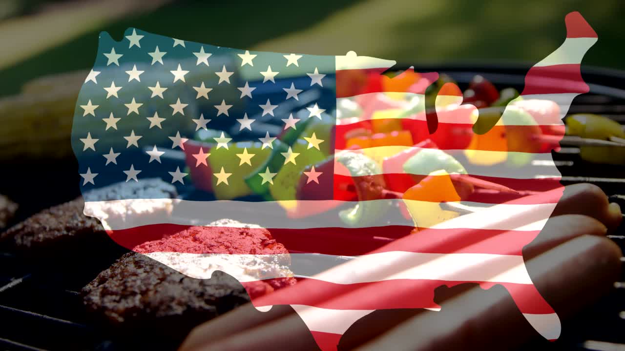 confeti colorido cayendo sobre nosotros mapa contra la barbacoa