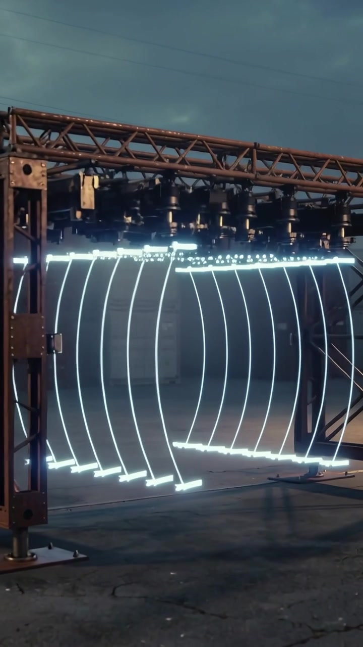 Vertical video: Powering truss LEDs forming arches while fog showing beams during program in hangar