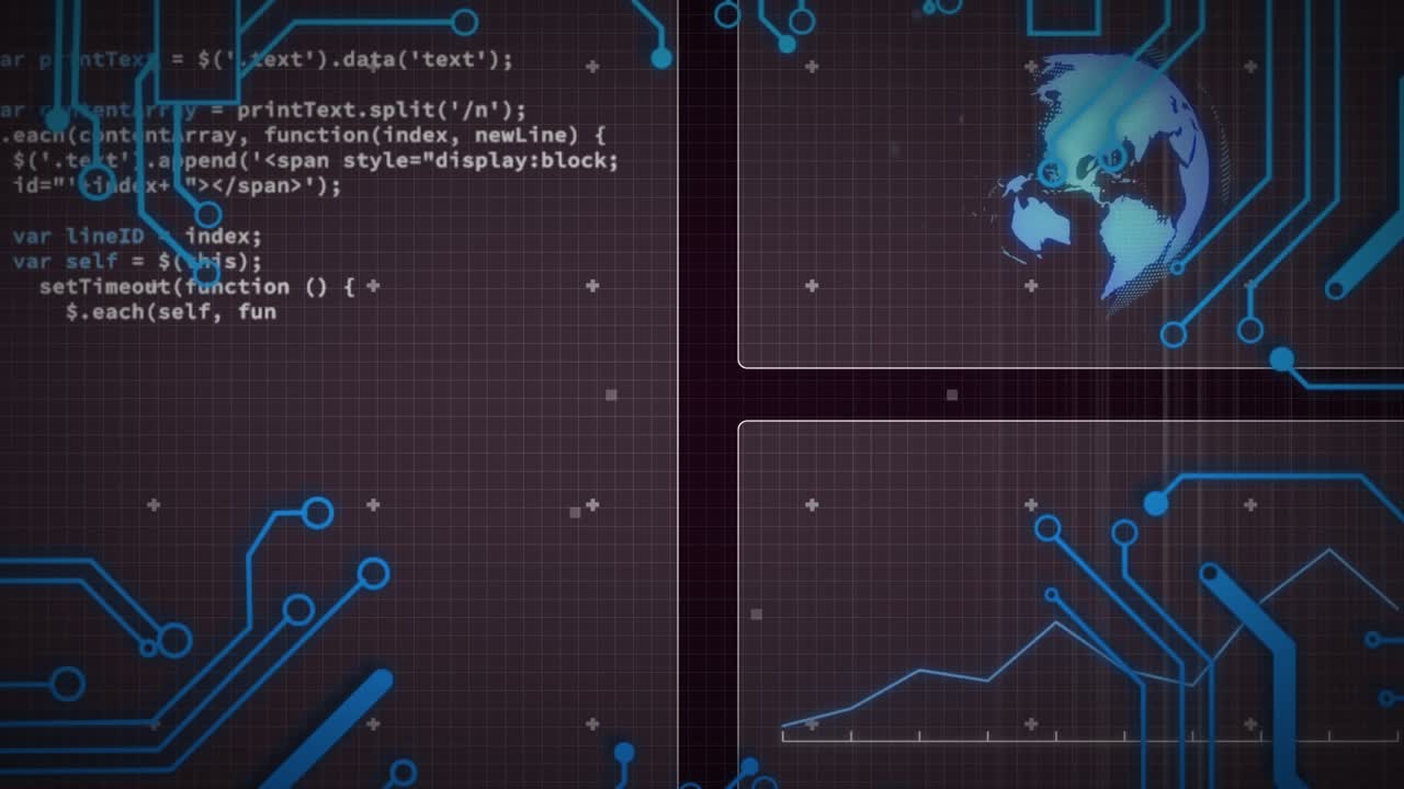 Animation of circuit board pattern over globe and computer language against black background