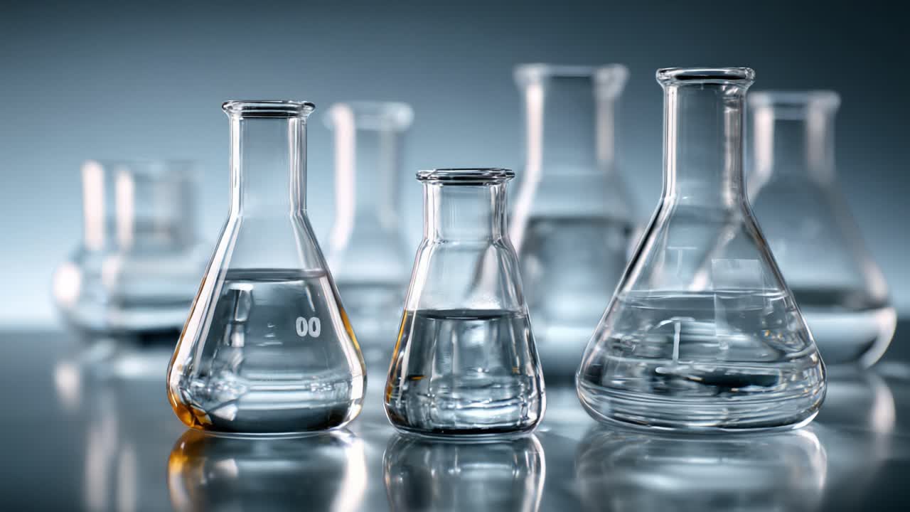 A Collection of Various Laboratory Glassware Including Beakers and Flasks Filled with Liquid, Illuminated and Arranged Aesthetically for Scientific Examination