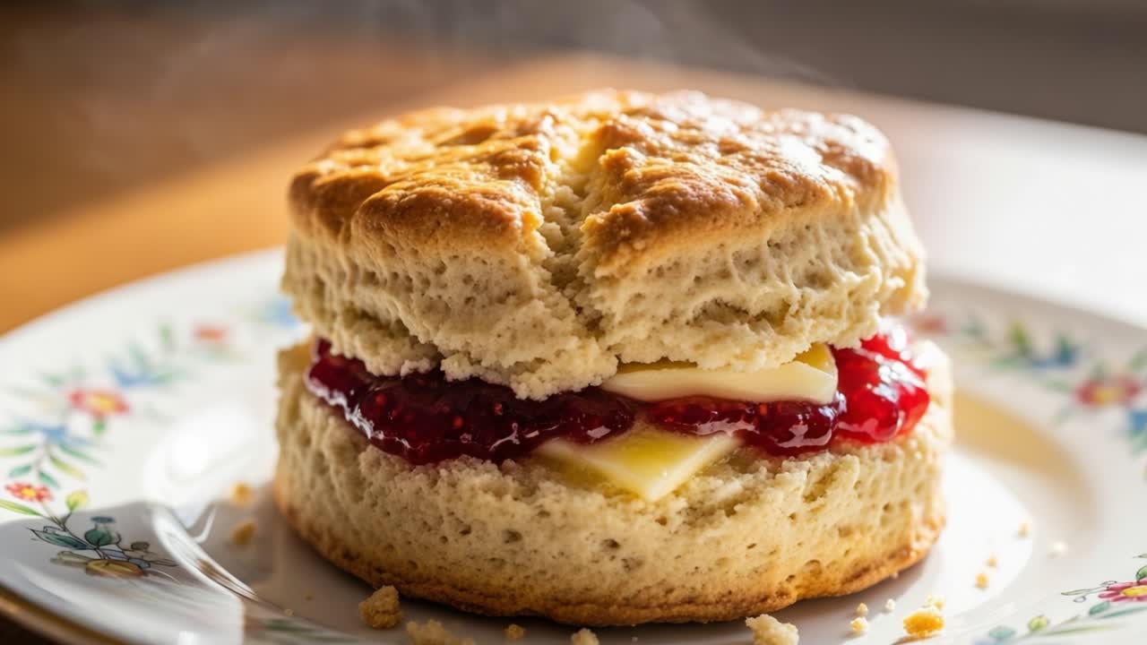 Delicious Homemade Biscuit with Layered Strawberry Jam and Creamy Cheese, Perfect for Breakfast or a Snack with Steam Rising in the Air