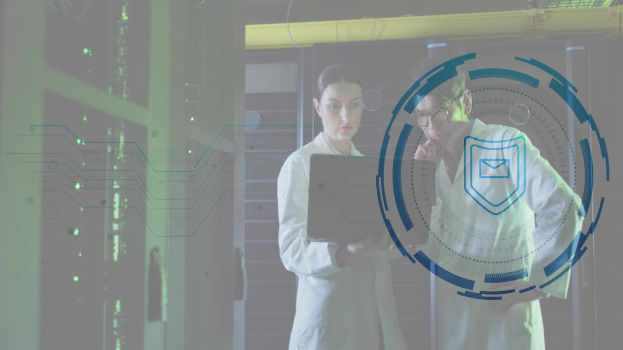 animación de candado, escudo sobre diversos ingenieros discutiendo en la computadora portátil en la sala del servidor