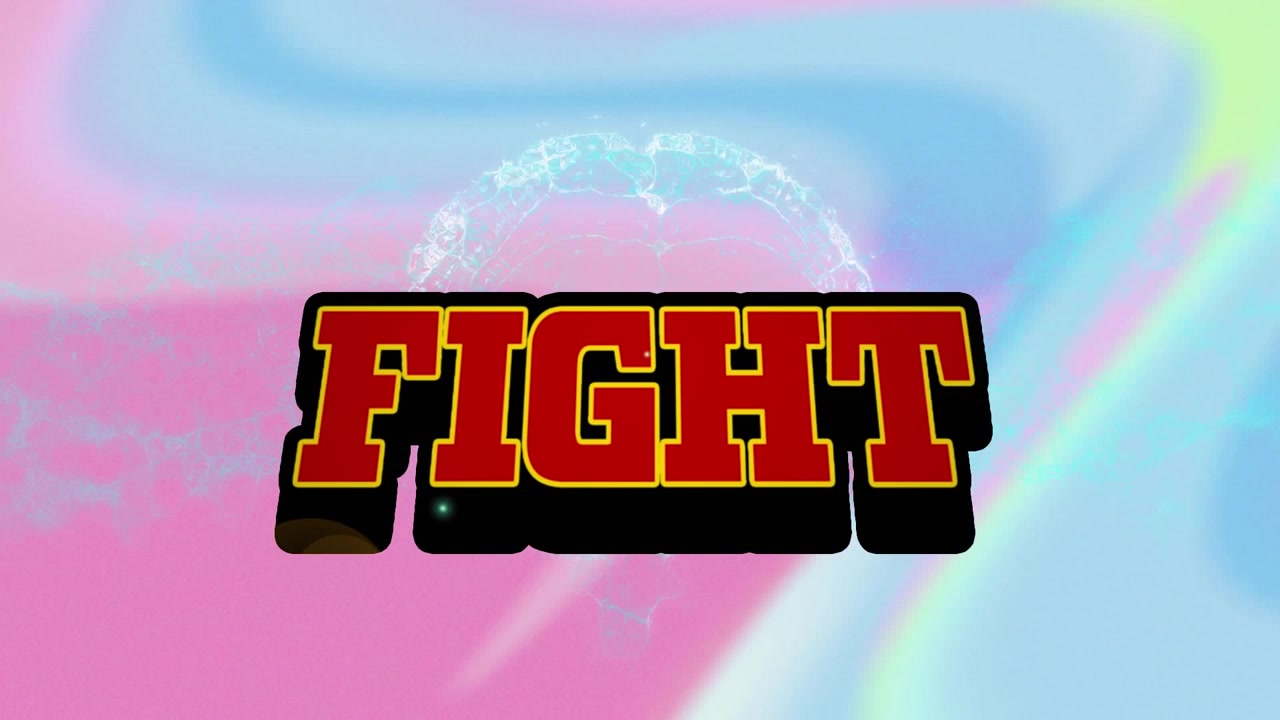 Animazione della parola "fight" su un cervello e delle forme.