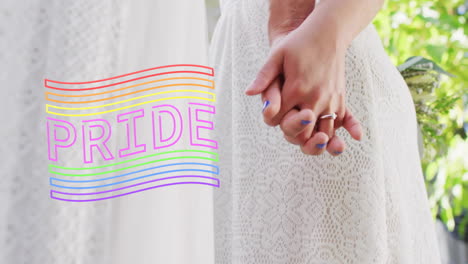 animation of rainbow pride text over diverse female married couple holding hands