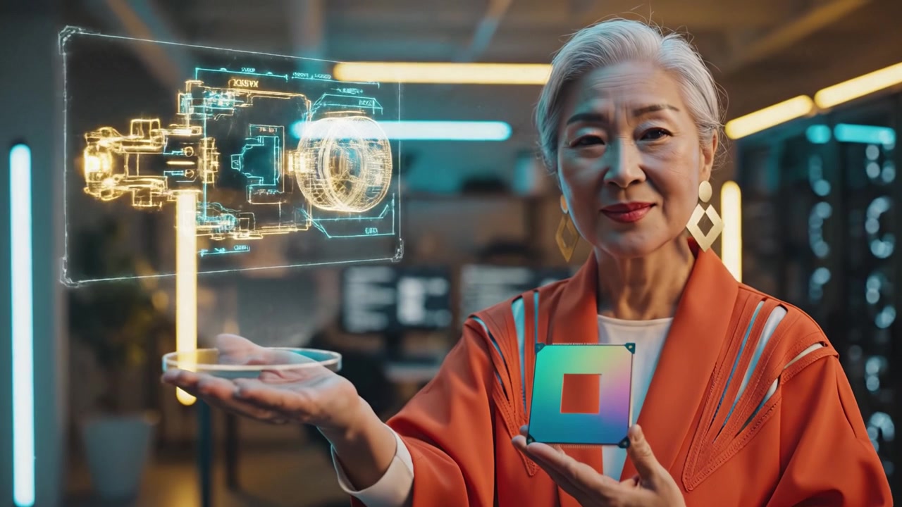 Pameran Teknologi Inovatif: Seorang Wanita Penuh Percaya Diri Menampilkan Antarmuka Digital Canggih dan Konsep Futuristik di Ruang Kerja Modern, Menyoroti Kemajuan dan Kreativitas