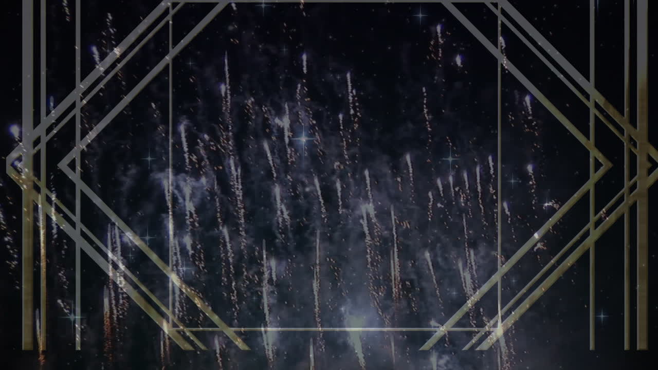 검은색에서 폭발하고 상승하는  불꽃놀이 위에 금색 패턴의 애니메이션