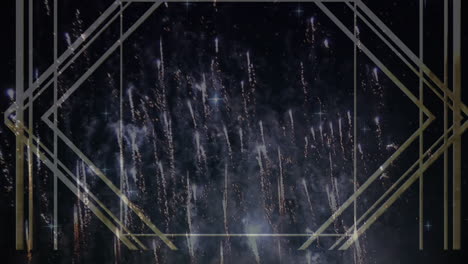 animación de patrón dorado sobre fuegos artificiales blancos que explotan y se elevan, en negro