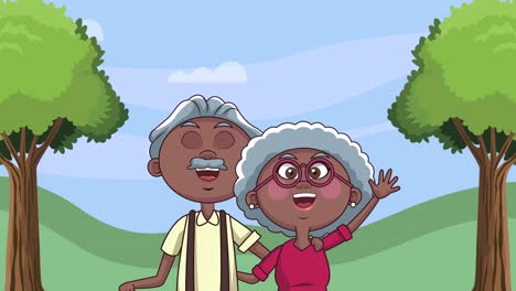 afro grandparents couple with trees animation