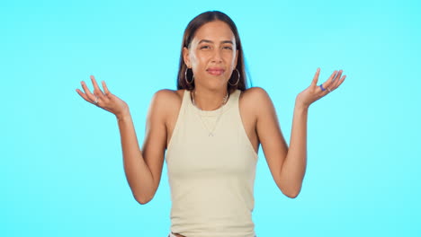 confused, doubt and woman face in studio
