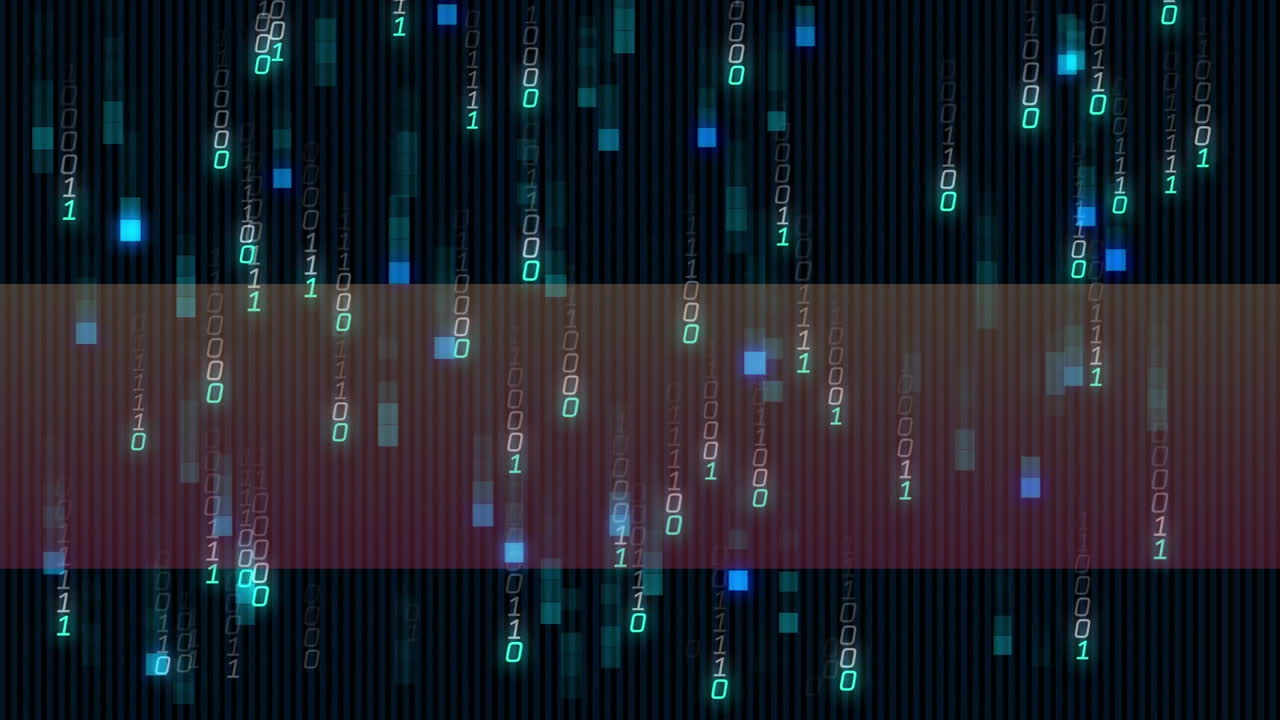 Animation of digital data streams and binary code over dark background with glow
