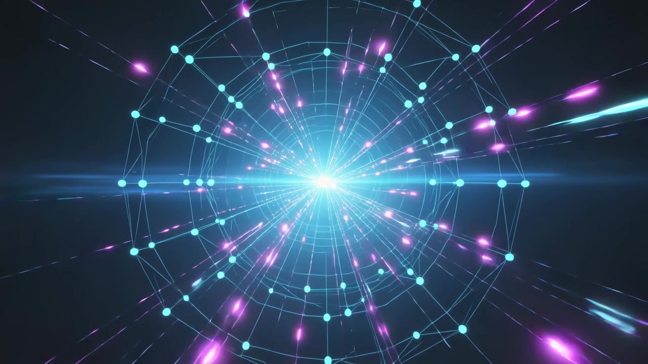 Pulsing cyan orb sending purple-cyan streaks in data field showing data with rings, turquoise nodes