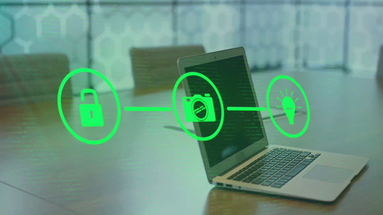 animación de iconos de medios en el portátil en la oficina