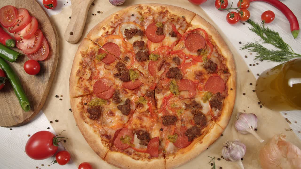 신선한 음식으로 둘러싸인 이탈리아 피자