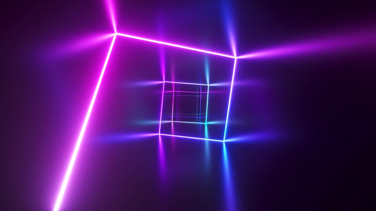 volo senza fine nel corridoio con una curva al neon laser. illuminazione ultravioletta moderna. spettro di luce viola blu. ciclo senza cuciture 3d render