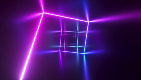 vuelo sin fin en el corredor con una curva de neón láser. iluminación ultravioleta moderna. espectro de luz púrpura azul. bucle sin costuras 3d render