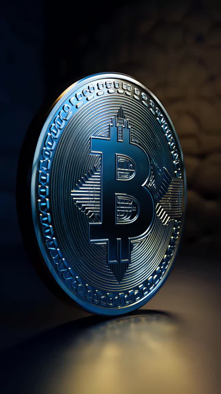 Animazione rotante di Bitcoin dorato su sfondo scuro, criptovaluta cinematografica 4K.