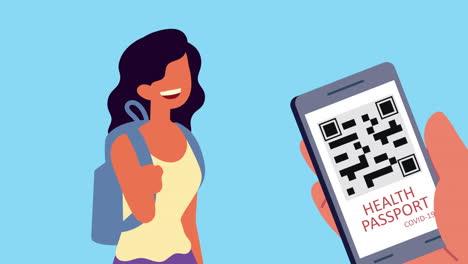 mujer viajera con pasaporte covid-19 en su teléfono inteligente