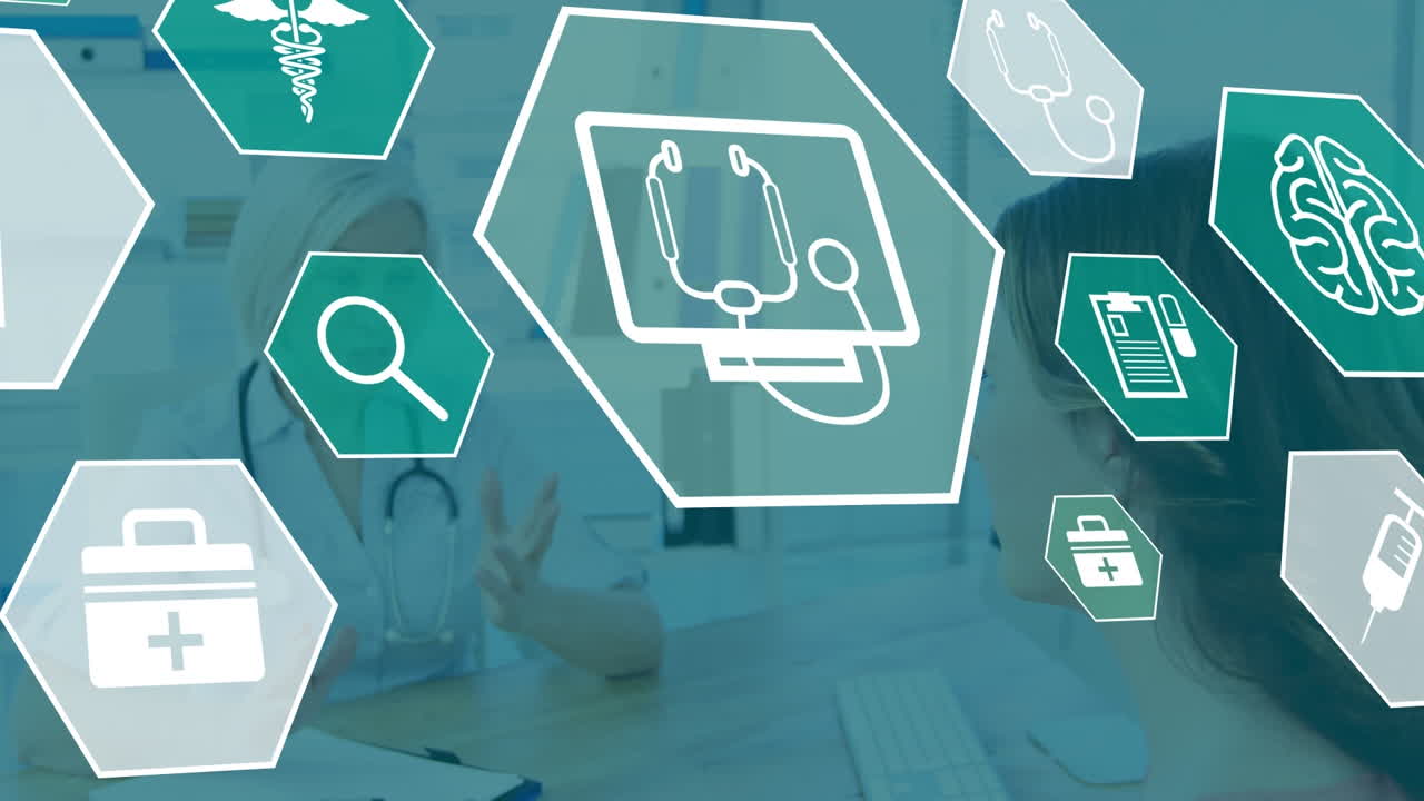 백인 여성 의사와 환자 위에 의료 아이콘의 애니메이션