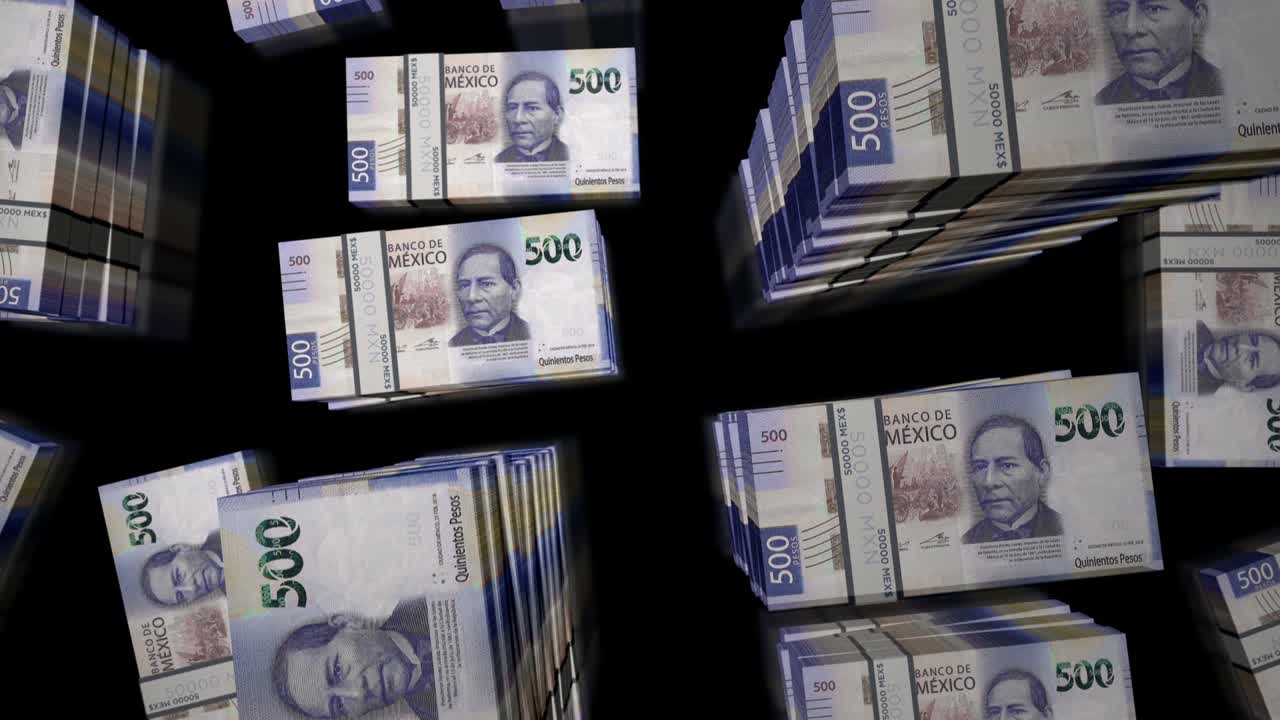 Meksika Pezosu para banknot destelerinin üzerinde 3D uçuş döngü animasyonu