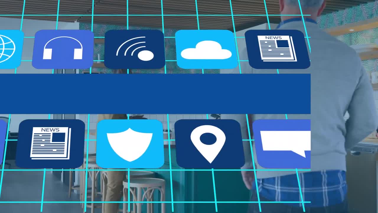 Animation of digital icons over business people in office