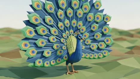 a stunning display of colorful 3d peacock animation: vivid geometric patterns and textures create an eye-catching visual experience in a vibrant landscape