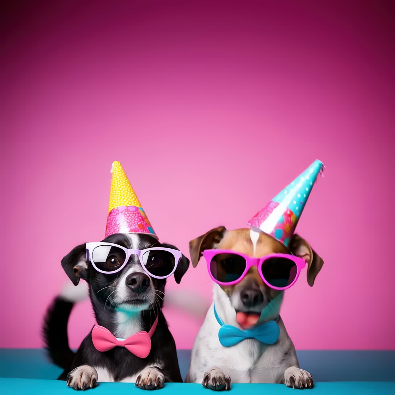 Two dogs in party hats and sunglasses pose against a vibrant pink backdrop