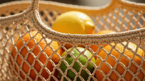 a vibrant display of fresh citrus fruits in a decorative natural fiber basket: a feast for the eyes and a delight for the senses captured in beautiful lighting