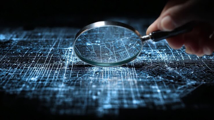 Exploring Digital Terrain: A Close-Up Examination of Data Patterns with a Magnifying Glass Over a Futuristic, Networked Map, Analyzing Information Depth and Detail