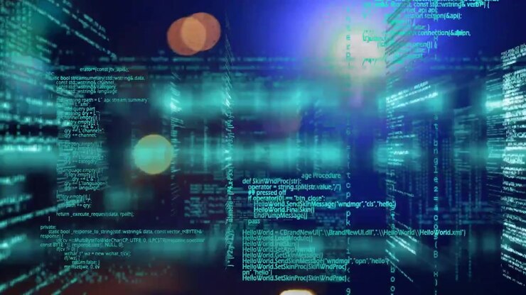 Animation of data processing over glowing in blue space