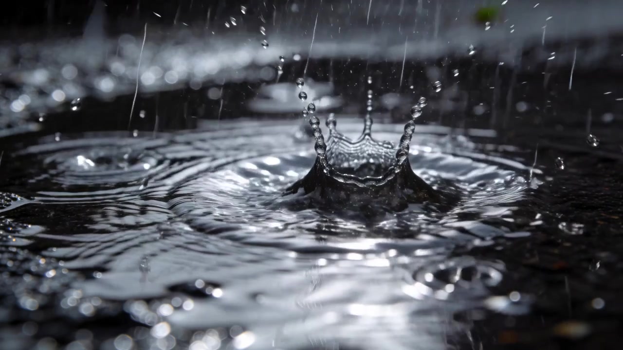 Gotas de chuva caindo e atingindo, criando um respingo em forma de coroa em uma poça, produzindo ondulações sobrepostas.