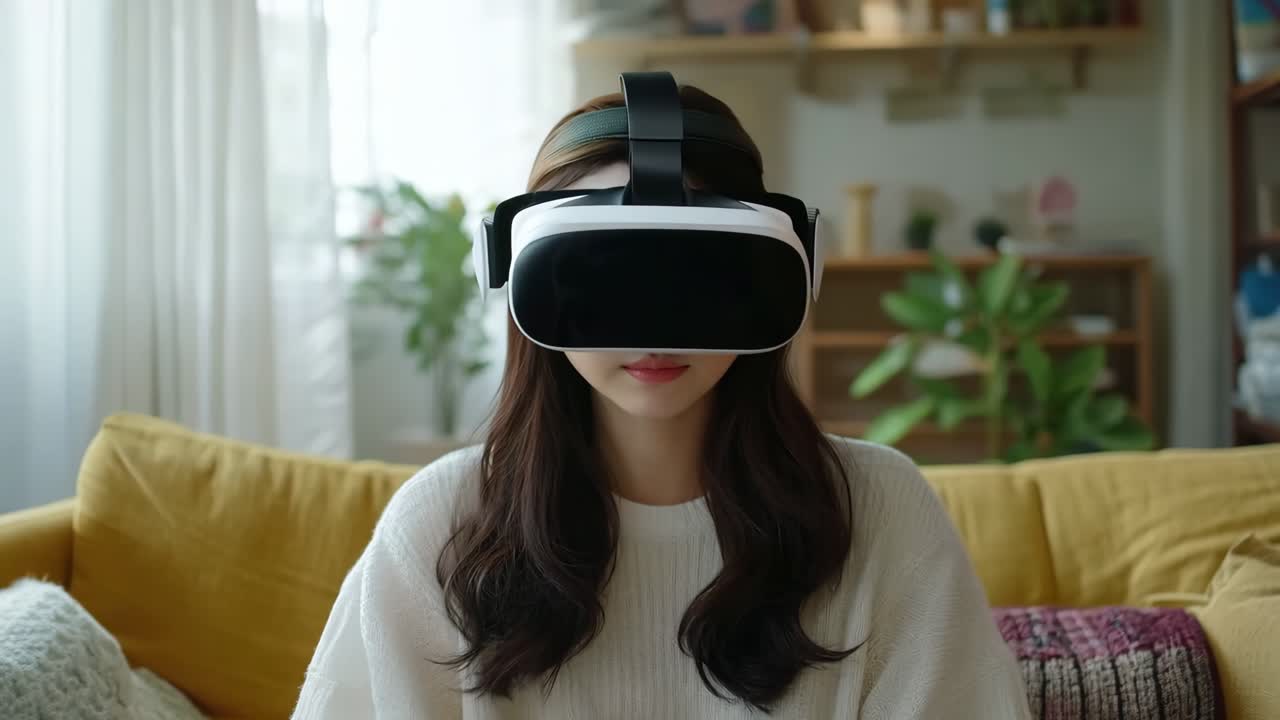 A woman wearing a virtual reality headset sitting on a couch